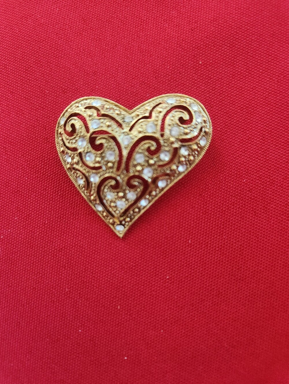 Gold Heart Filigree Brooch with Crystal Accents - Elegant Womens Jewelry